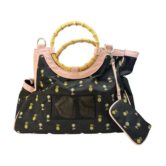 NEW YORK Dog Carrier Hand Held Embroidered Palm Trees Pineapple Bamboo Handle - Picture 1 of 13